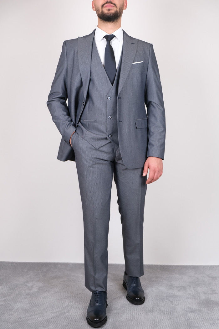 Slim Fit Erkek Armürlü Yelekli Çift Düğme Takım Elbise
