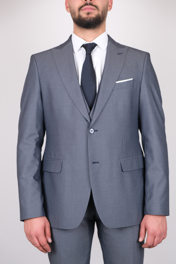 Slim Fit Erkek Armürlü Yelekli Çift Düğme Takım Elbise