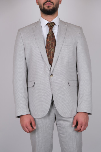 Slim Fit Erkek Armürlü Yelekli Sivri Yaka Takım Elbise Bej