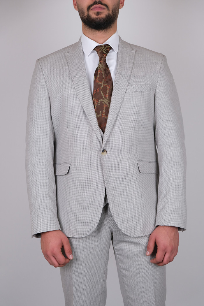 Slim Fit Erkek Armürlü Yelekli Sivri Yaka Takım Elbise Bej