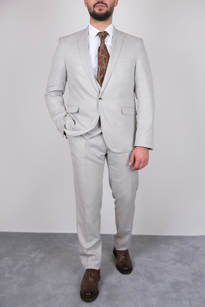 Slim Fit Erkek Armürlü Yelekli Sivri Yaka Takım Elbise Bej
