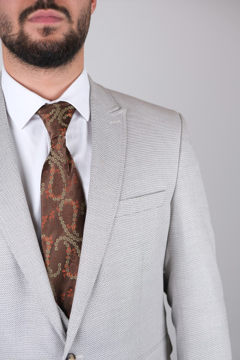 Slim Fit Erkek Armürlü Yelekli Sivri Yaka Takım Elbise Bej