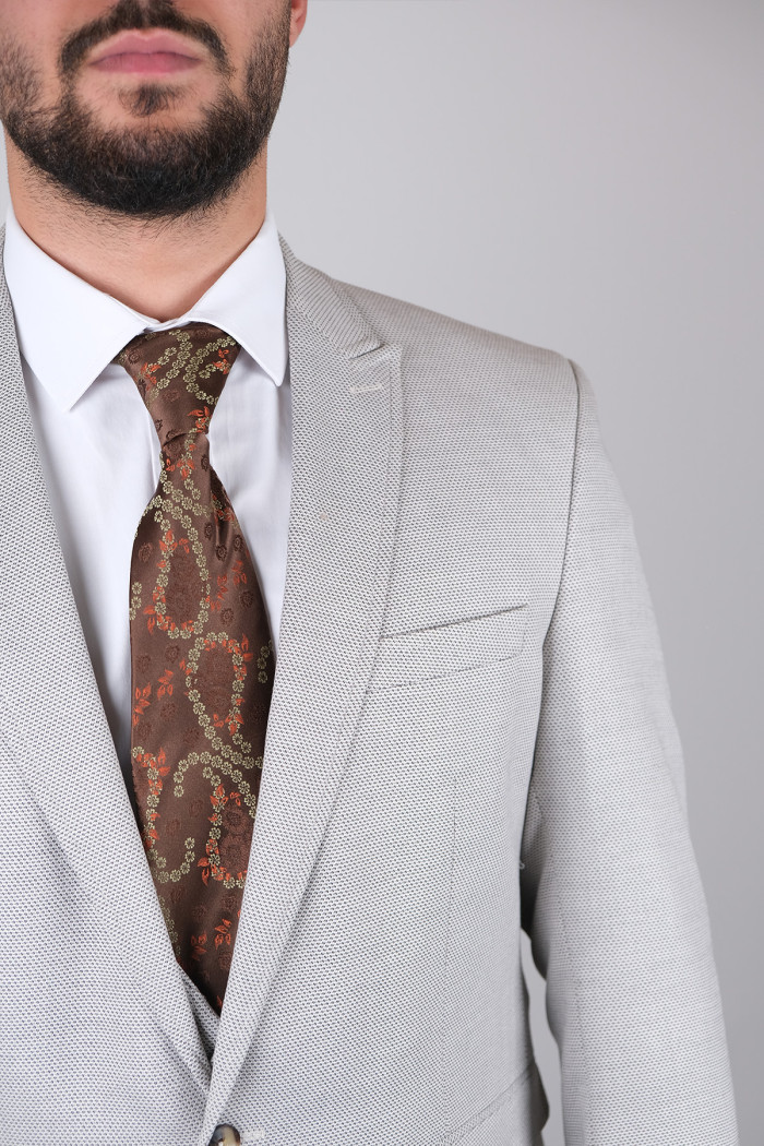 Slim Fit Erkek Armürlü Yelekli Sivri Yaka Takım Elbise Bej