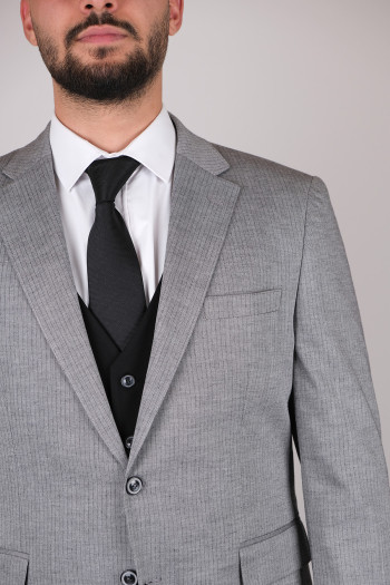 Slim Fit Erkek  Çizgi Desen Kombinli Yelekli Takım Elbise