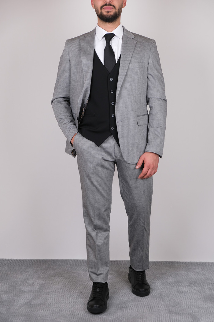 Slim Fit Erkek  Çizgi Desen Kombinli Yelekli Takım Elbise