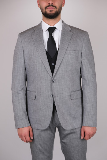 Slim Fit Erkek  Çizgi Desen Kombinli Yelekli Takım Elbise