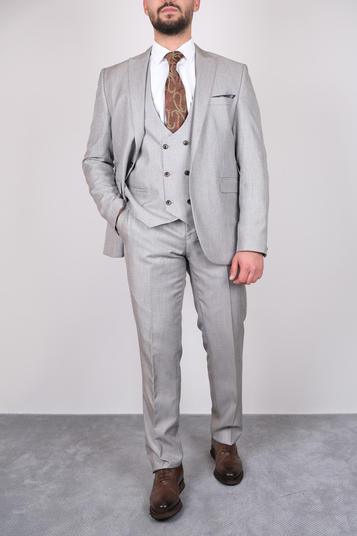 Slim Fit Erkek Dokulu Kombinli Yelekli Sivri Yaka Takım Elbise