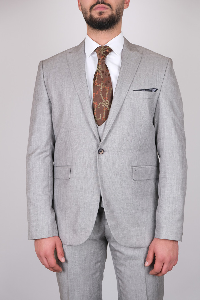 Slim Fit Erkek Dokulu Kombinli Yelekli Sivri Yaka Takım Elbise