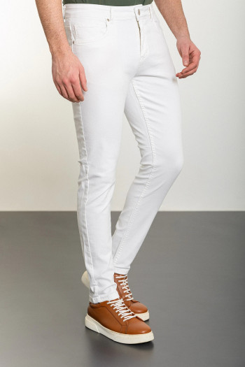 Slim Fit Erkek Daralan Paça Likralı Kot Pantolon Beyaz