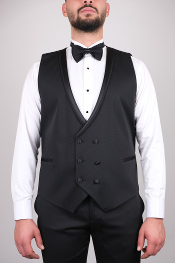 Slim Fit  Erkek Armürlü Kadife Yaka Yelekli  Smokin Siyah