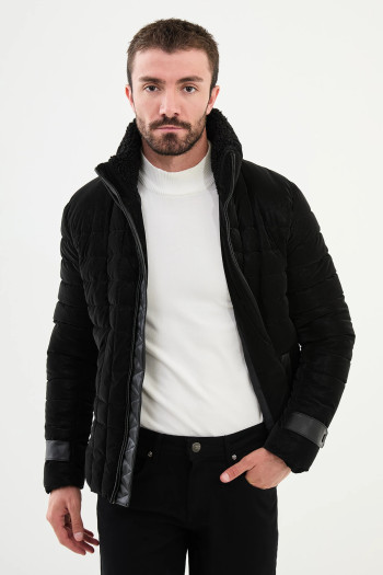 Slim Fit Erkek Fermuarlı Cepli Kürk Boyunlu Yarı Parlak  Şişme Mont Siyah