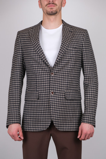 Slim Fit Erkek Kaz Ayağı Desen Mono Yaka Ceket Kahverengi
