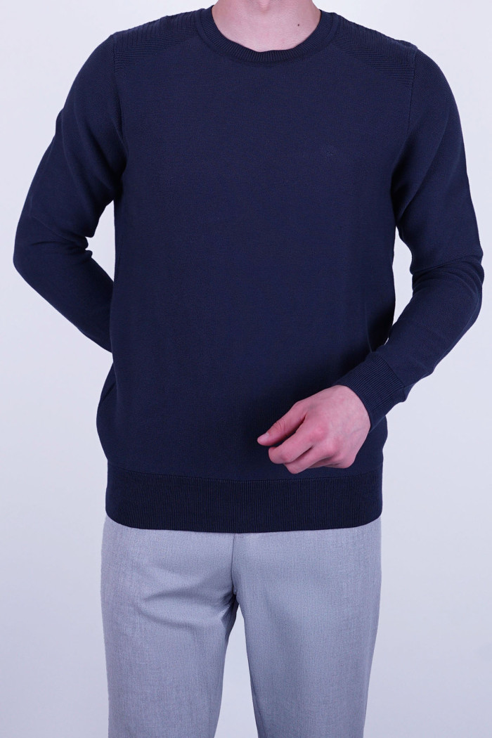 Slim Fit Erkek Dokulu O Yaka Triko Kazak Lacivert