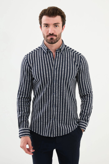 Slim Fit Erkek Çizgi Desen Düğmeli Yaka Uzun Kol Kışlık Gömlek Lacivert