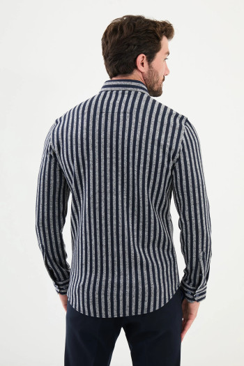 Slim Fit Erkek Çizgi Desen Düğmeli Yaka Uzun Kol Kışlık Gömlek Lacivert