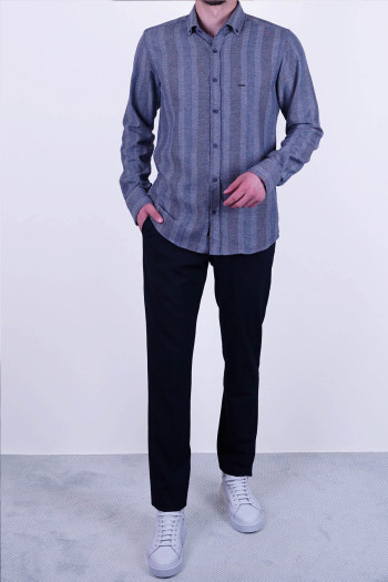 Slim Fit Erkek Çizgi Desen Kışlık Düğmeli Yaka Uzun Kol Gömlek Lacivert