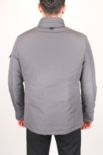 Slim Fit Erkek Fermuarlı Cepli Düğmeli Kapitone Mont Gri