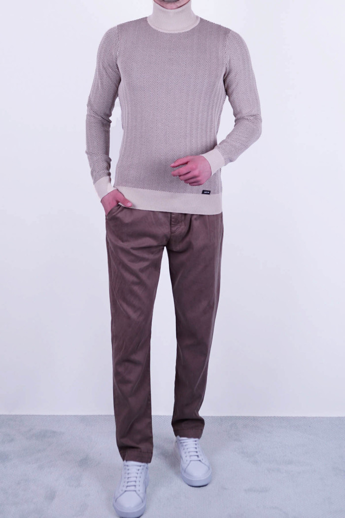 Slim Fit  Erkek Desenli Tam Boğazlı Dokuma Triko Bej