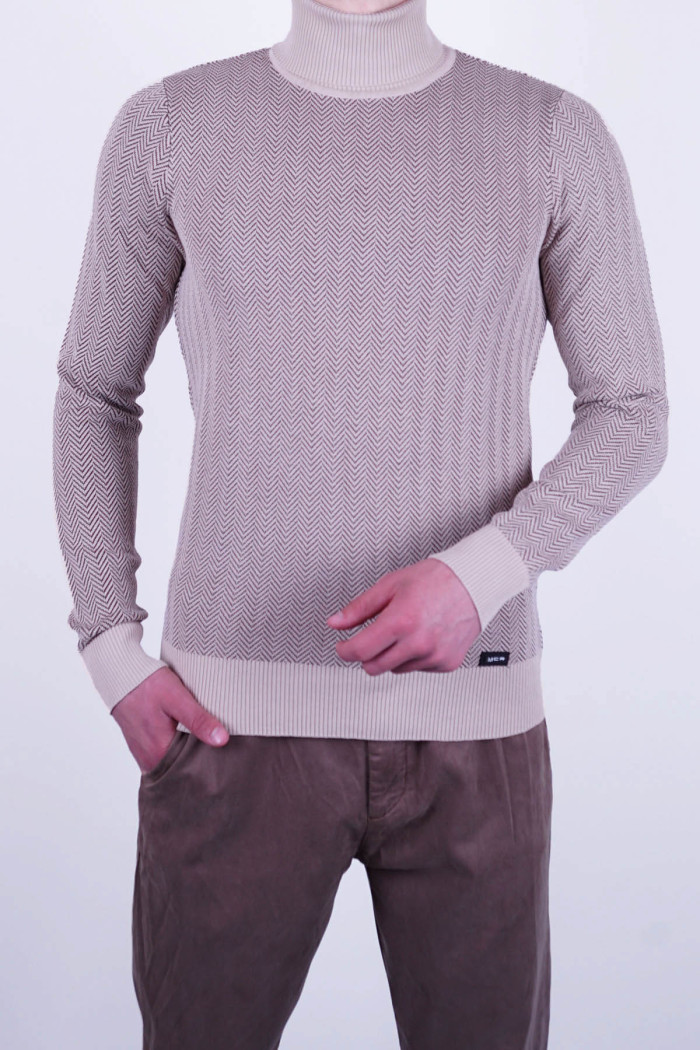 Slim Fit  Erkek Desenli Tam Boğazlı Dokuma Triko Bej
