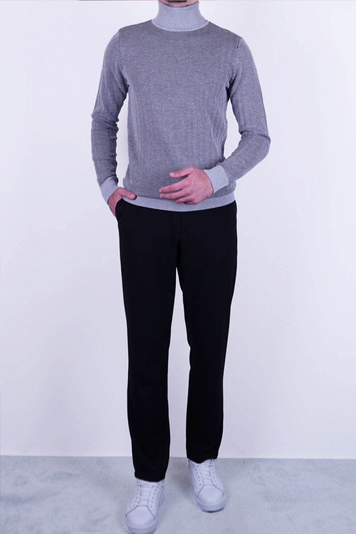 Slim Fit  Erkek Desenli Tam Boğazlı Dokuma Triko Bej