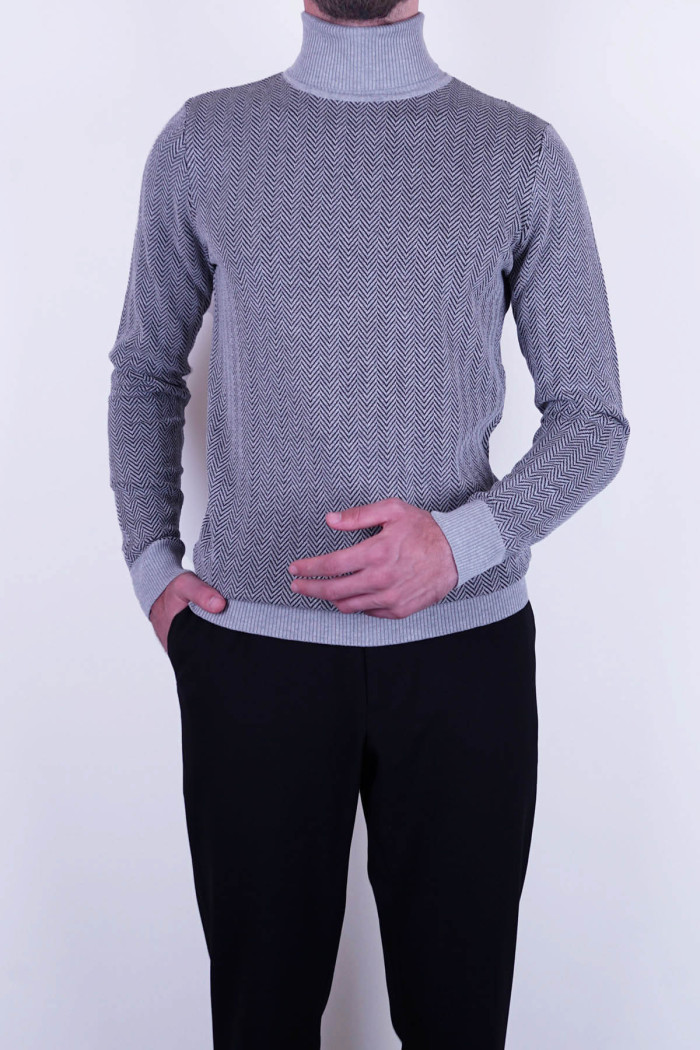 Slim Fit  Erkek Desenli Tam Boğazlı Dokuma Triko Bej