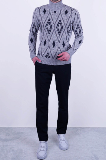 Slim Fit Erkek Desenli Tam Balıkçı Örme Yün Triko Kazak Gri