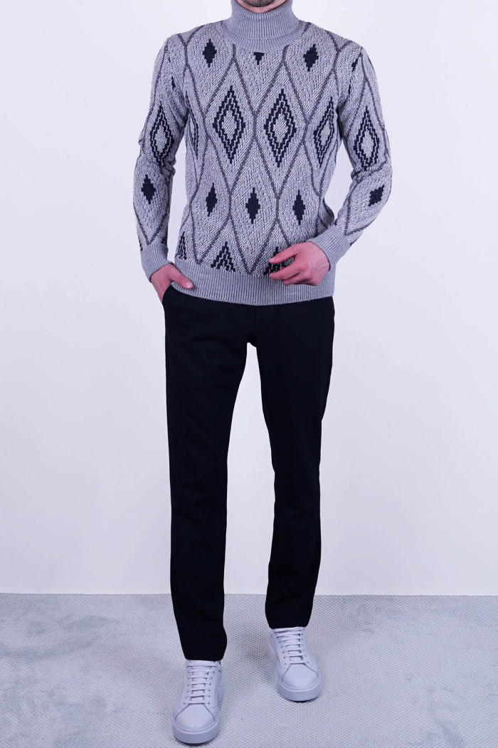 Slim Fit Erkek Desenli Tam Balıkçı Örme Yün Triko Kazak Gri