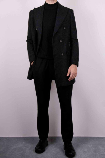 Slim Fit Erkek Uzun Kruvaze Sivri Yaka  Yün Kaşe Kaban Antrasit
