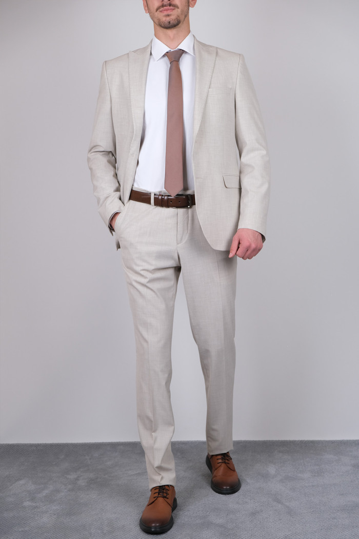 Slim Fit Erkek Sivri Yaka Yeleksiz Klasik Takım Elbise Bej