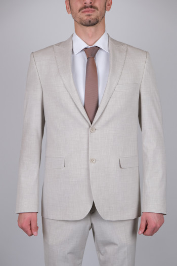 Slim Fit Erkek Sivri Yaka Yeleksiz Klasik Takım Elbise Bej