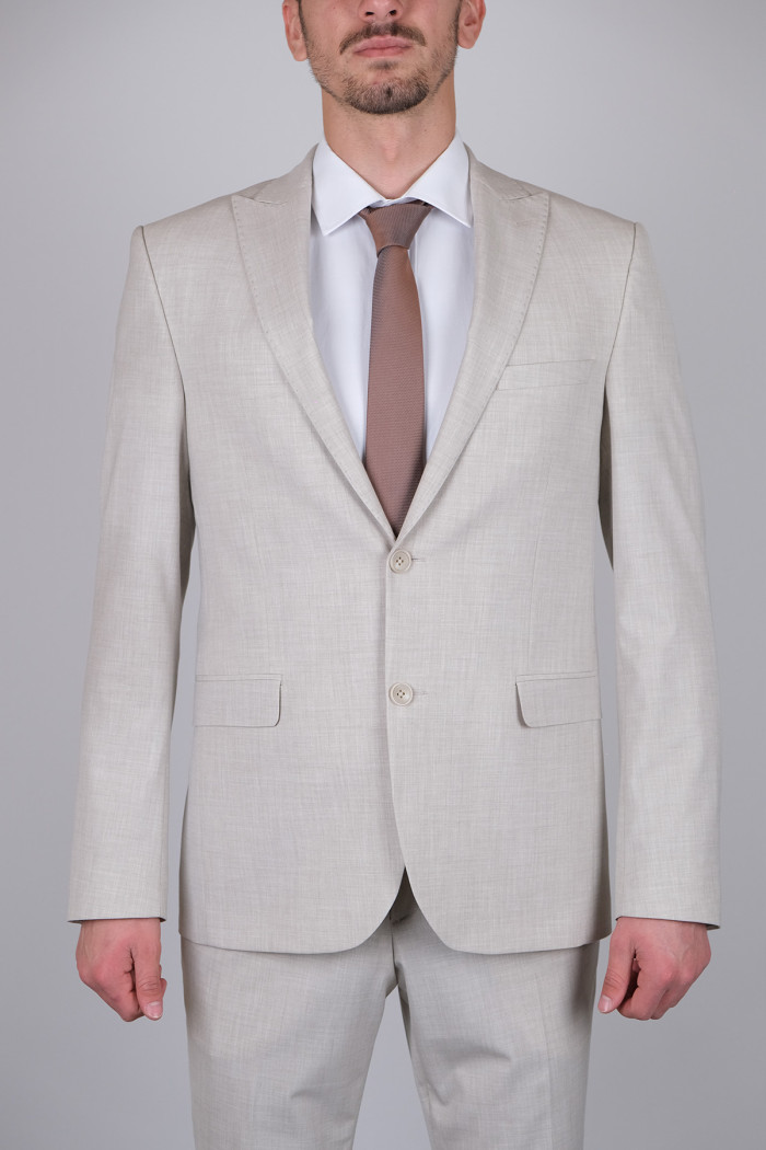 Slim Fit Erkek Sivri Yaka Yeleksiz Klasik Takım Elbise Bej