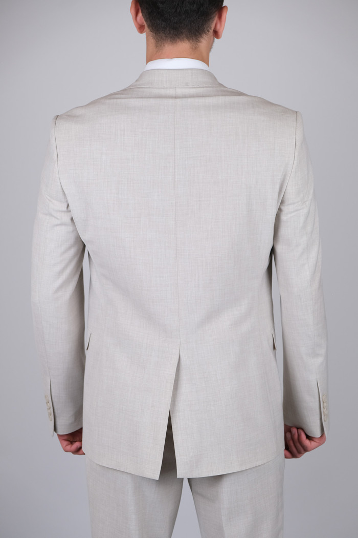 Slim Fit Erkek Sivri Yaka Yeleksiz Klasik Takım Elbise Bej