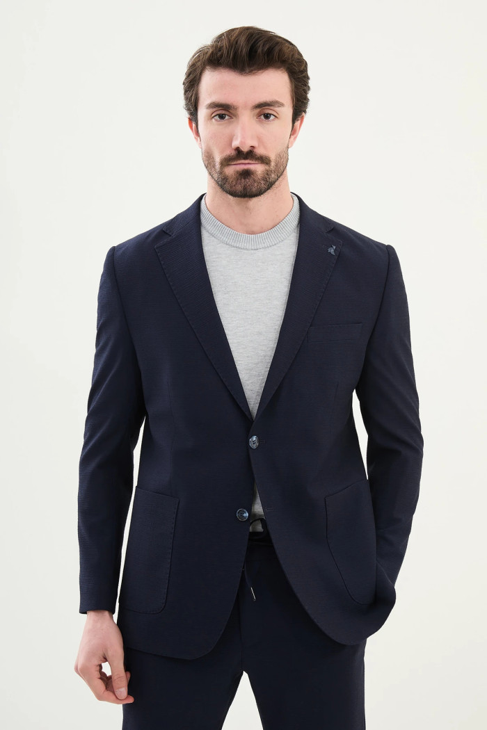 Slim Fit Erkek Mono Yaka Torba Cep Gofre Tek Blazer Ceket Lacivert
