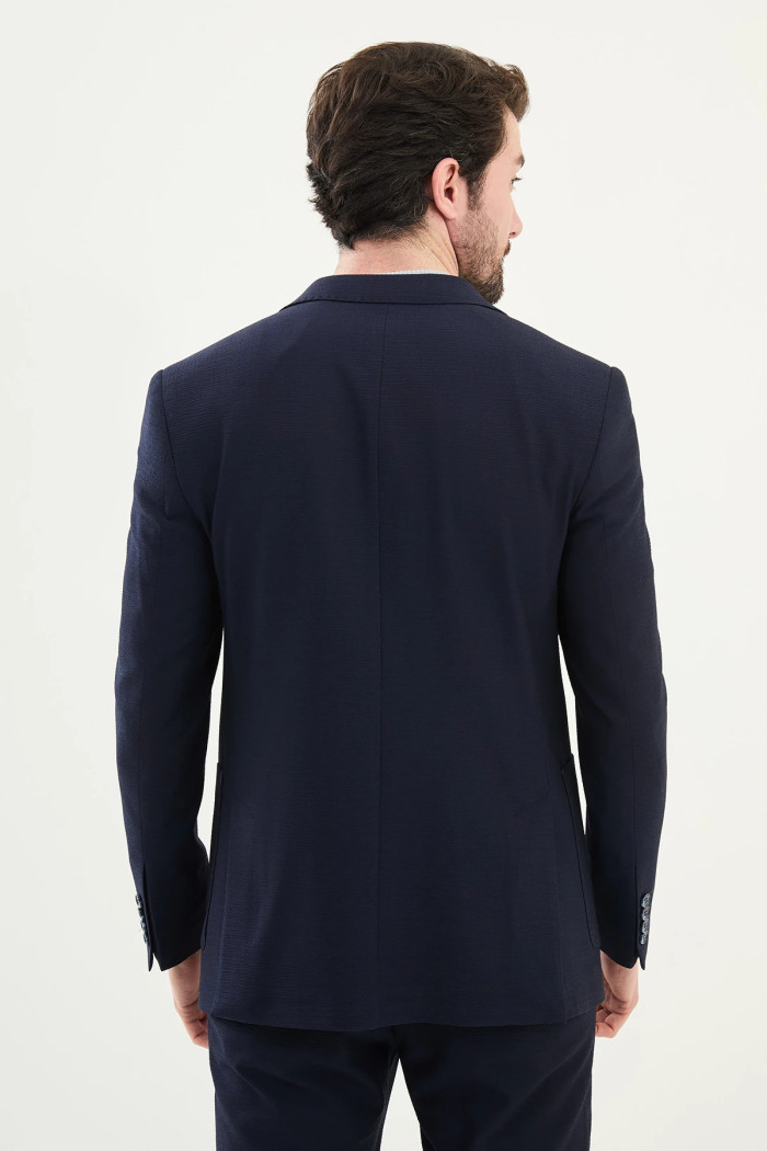 Slim Fit Erkek Mono Yaka Torba Cep Gofre Tek Blazer Ceket Lacivert