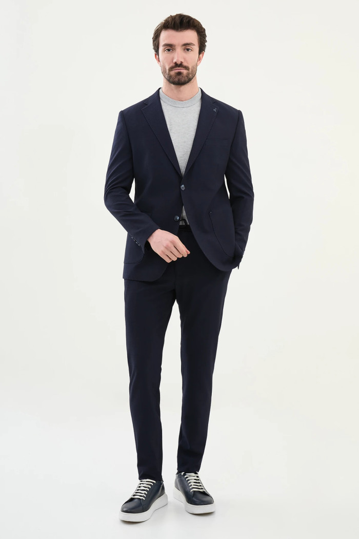 Slim Fit Erkek Mono Yaka Torba Cep Gofre Tek Blazer Ceket Lacivert