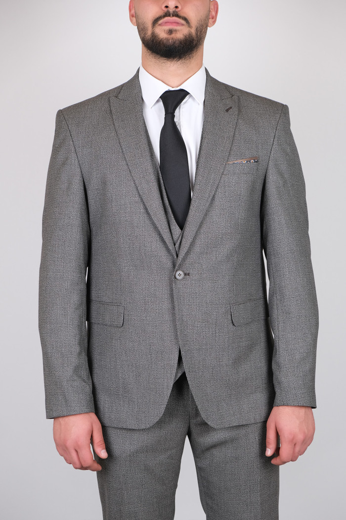 Slim Fit Erkek Armürlü Yelekli Klasik Takım Elbise