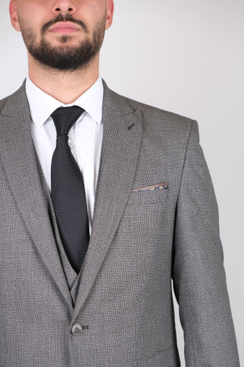 Slim Fit Erkek Armürlü Yelekli Klasik Takım Elbise