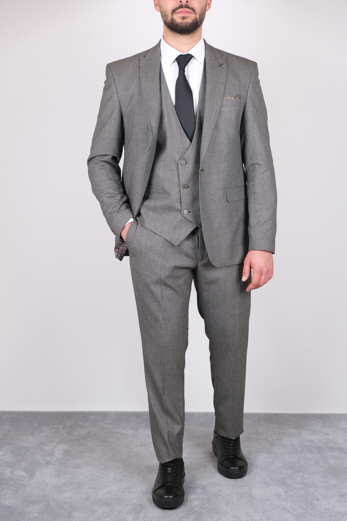Slim Fit Erkek Armürlü Yelekli Klasik Takım Elbise