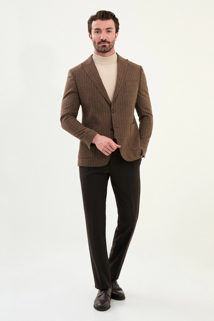 Slim Fit Erkek Torba Cep Çizgili Yün Kışlık Blazer Ceket Kahverengi