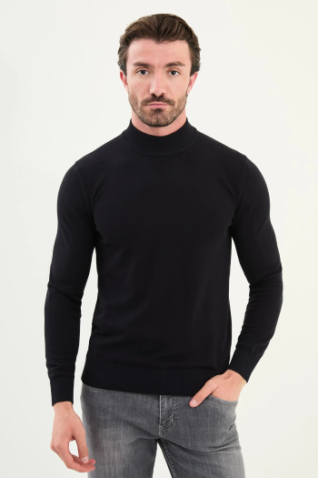Slim Fit Erkek Düz Kumaş Yarım Balıkçı Yaka Triko Kazak Koyu Lacivert