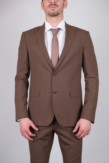 Slim Fit Erkek Sivri Yaka Yeleksiz Klasik Takım Elbise Kahverengi