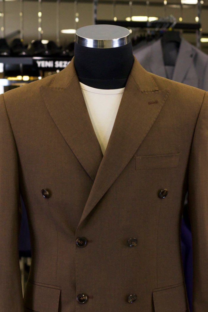 Slim Fit Erkek Yün Kumaş Kruvaze Takım Elbise Kahverengi