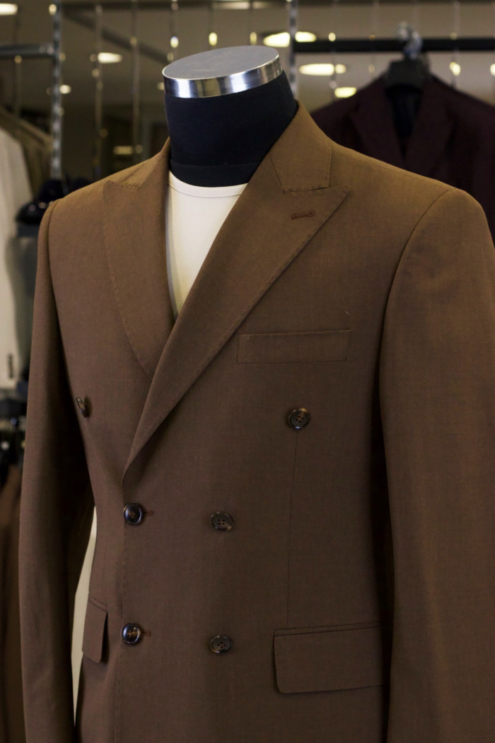 Slim Fit Erkek Yün Kumaş Kruvaze Takım Elbise Kahverengi
