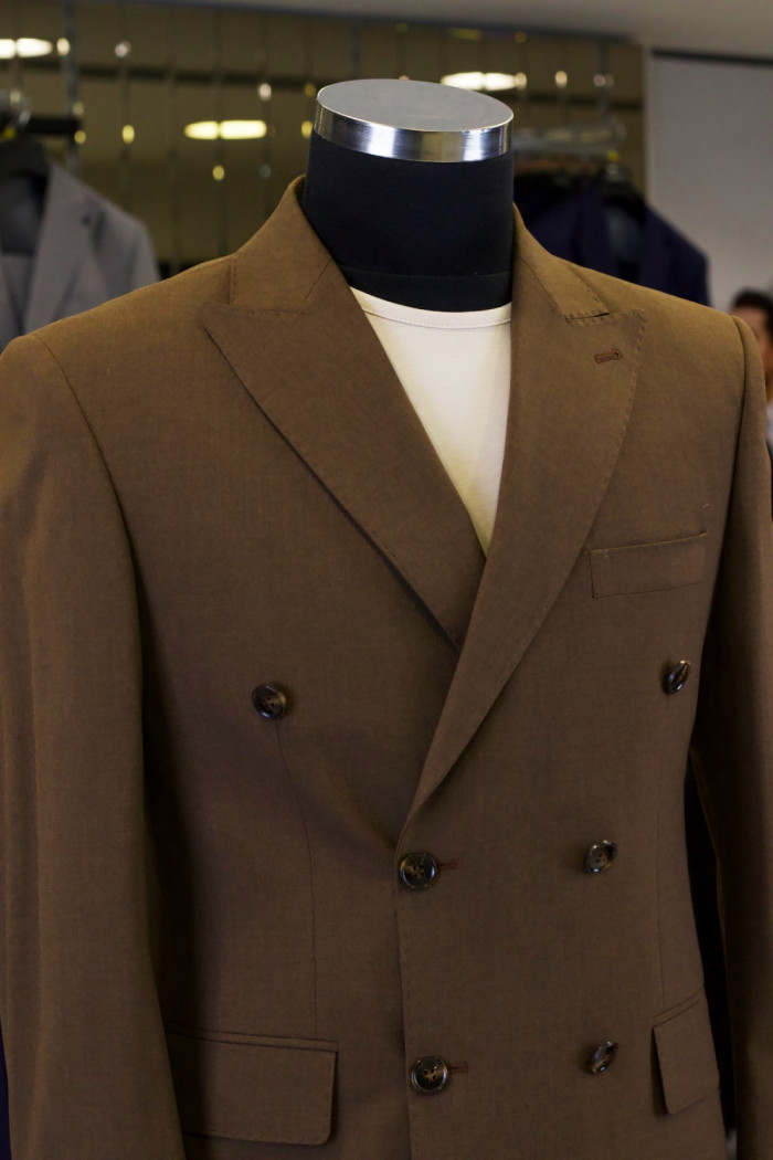 Slim Fit Erkek Yün Kumaş Kruvaze Takım Elbise Kahverengi