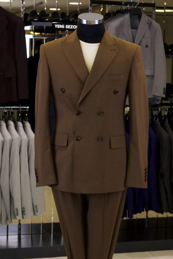 Slim Fit Erkek Yün Kumaş Kruvaze Takım Elbise Kahverengi