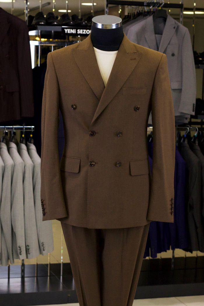 Slim Fit Erkek Yün Kumaş Kruvaze Takım Elbise Kahverengi