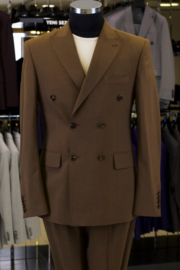 Slim Fit Erkek Yün Kumaş Kruvaze Takım Elbise Kahverengi
