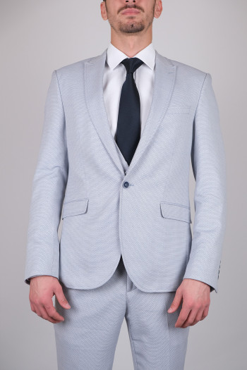 Slim Fit Erkek Armürlü Yelekli Sivri Yaka Takım Elbise Buz Mavisi
