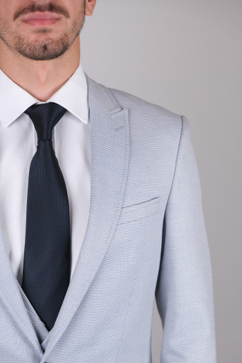 Slim Fit Erkek Armürlü Yelekli Sivri Yaka Takım Elbise Buz Mavisi