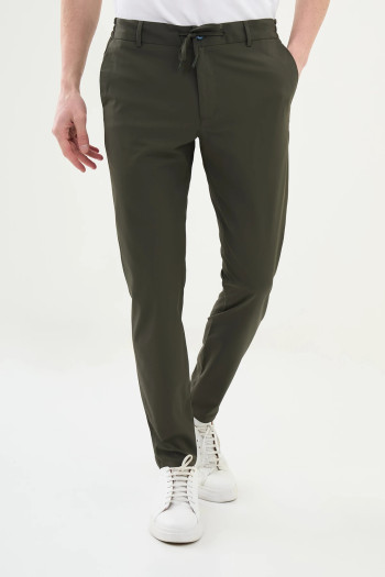 Slim Fit Erkek Çizgi Desen İpli Lastikli Bel Jogger Pantolon Haki
